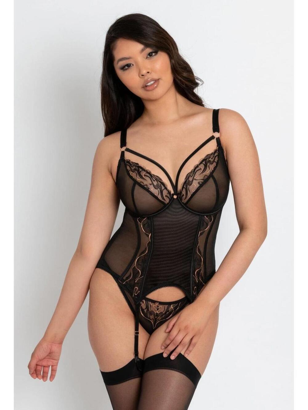 Curvy Kate Scantilly Fascinate Plunge Basque Corset Bra Black/Gold 36HH NWOT